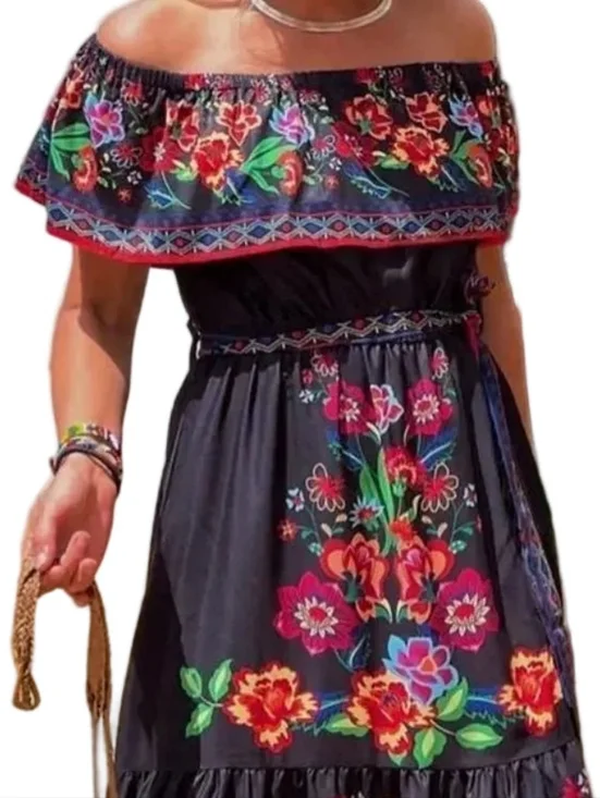 Floral Ruffle Off Shoulder Belted Elastic Waist Retro 70s Tiered Boho Maxi Dress - Picture 6 of 8